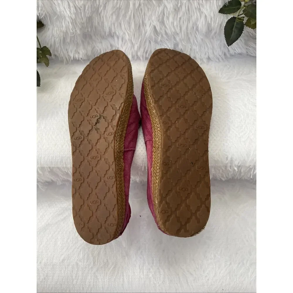 UGG Pink Suede Zip Front Flats Loafers Espadrille Trim Women’s Size 10 EU 41